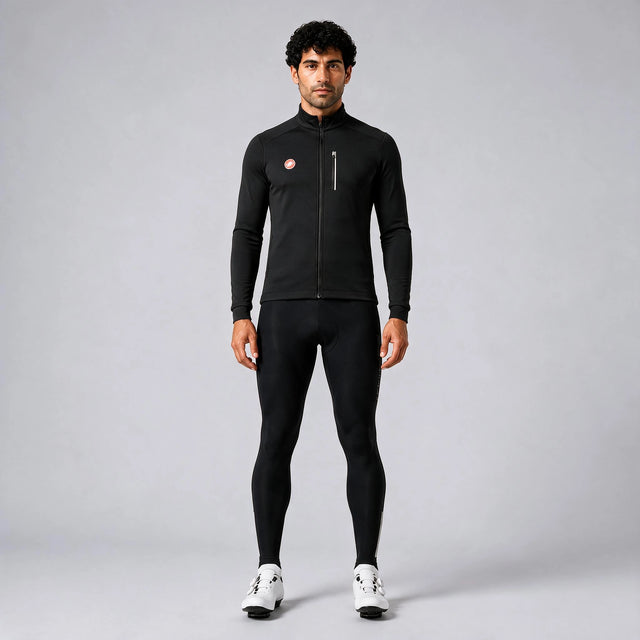 Front view of a model wearing a black men's winter cycling jacket.