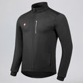 Front three-quarter view of a black men's winter cycling jacket.