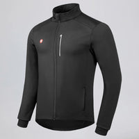 Front three-quarter view of a black men's winter cycling jacket.