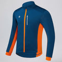 Front three-quarter view of an orange and blue men's winter cycling jacket.