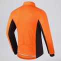 Back view of an orange and black men's winter cycling jacket with a reflective strip.
