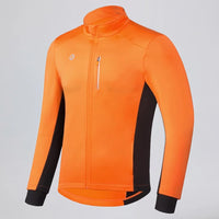 Front three-quarter view of an orange and black men's winter cycling jacket.