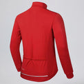 Back view of a red men's winter cycling jacket with a reflective rear strip.
