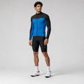 Full-length front view of a model wearing a blue men's winter fleece cycling jacket.