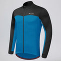Front three-quarter view of a blue men's winter fleece cycling jacket.