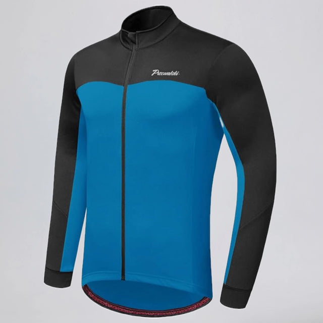 Front three-quarter view of a blue men's winter fleece cycling jacket.