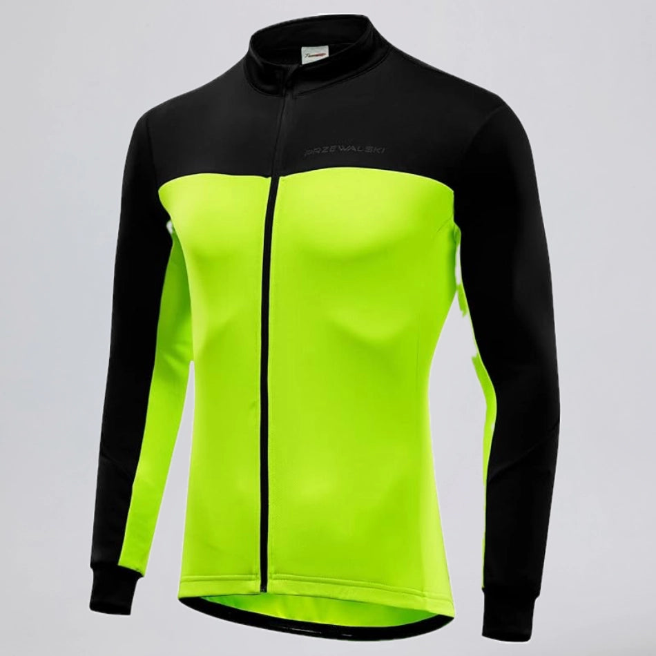 Front view of a green men's winter fleece cycling jacket.