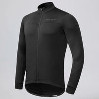Front three-quarter view of a black men's winter fleece cycling jacket.