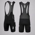 Front and back views of black men's cycling bib shorts with side pockets.