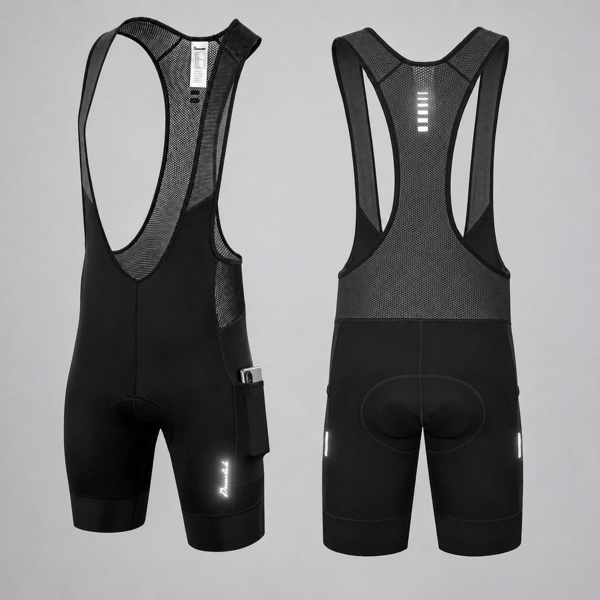 Front and back views of black men's cycling bib shorts with side pockets.