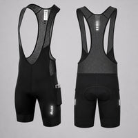 Front and back views of black men's cycling bib shorts with side pockets.
