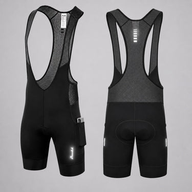 Front and back views of black men's cycling bib shorts with side pockets.