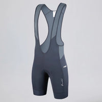Front three-quarter view of gray men's cycling bib shorts with side pockets.