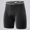 Front view of black men's padded cycling underwear base shorts.