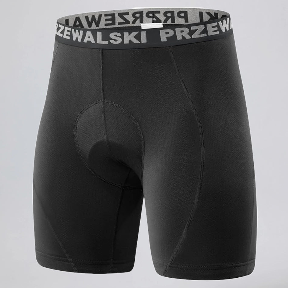 Front view of black men's padded cycling underwear base shorts.