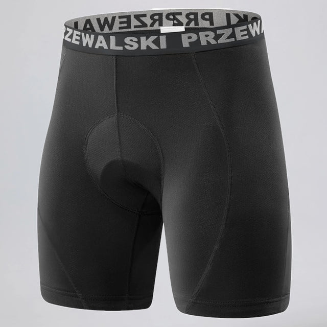 Front view of black men's padded cycling underwear base shorts.