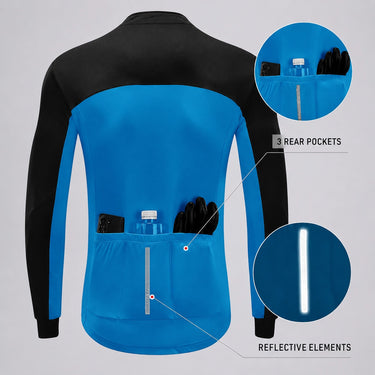 Rear view of blue winter fleece cycling jacket with three pockets and reflective details