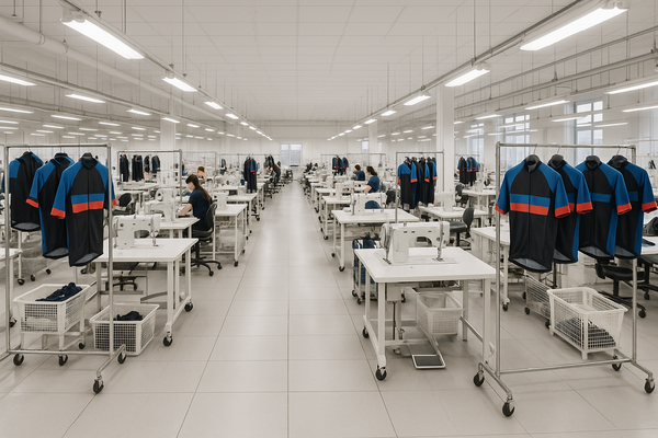 Modern garment factory producing Przewalski cycling apparel, showing organized sewing stations and production workflow