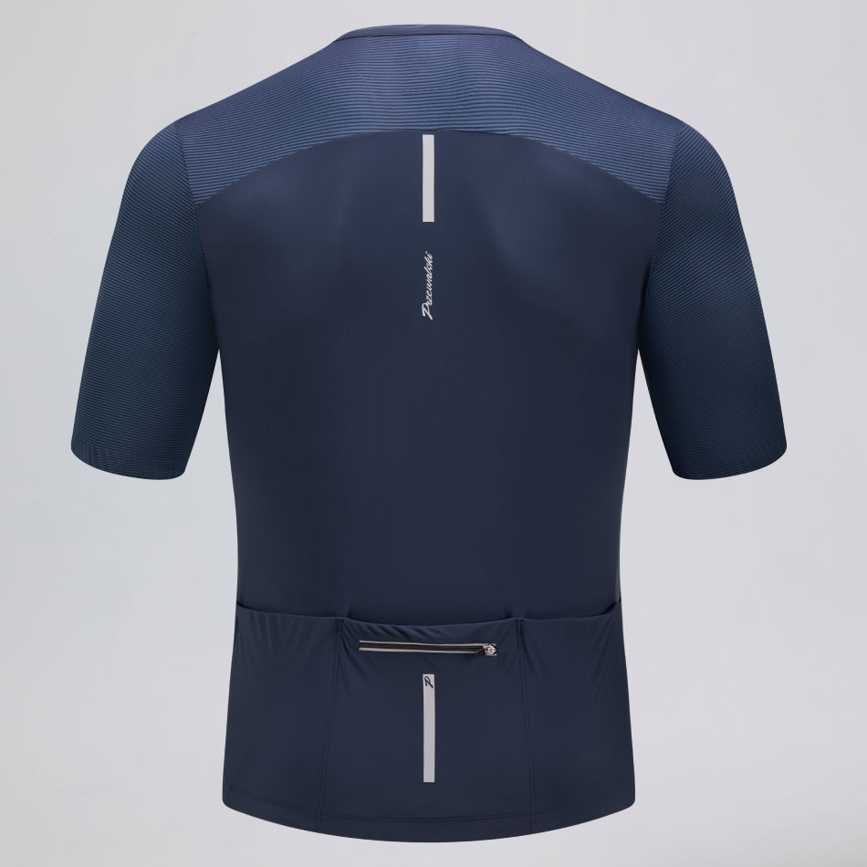 Przewalski men's blue cycling jersey back view with rear pockets and zipper pocket