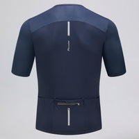 Przewalski men's blue cycling jersey back view with rear pockets and zipper pocket