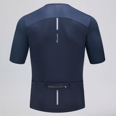 Przewalski men's blue cycling jersey back view with rear pockets and zipper pocket