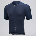 Przewalski men's blue cycling jersey angled front view with mesh sleeves and side panels
