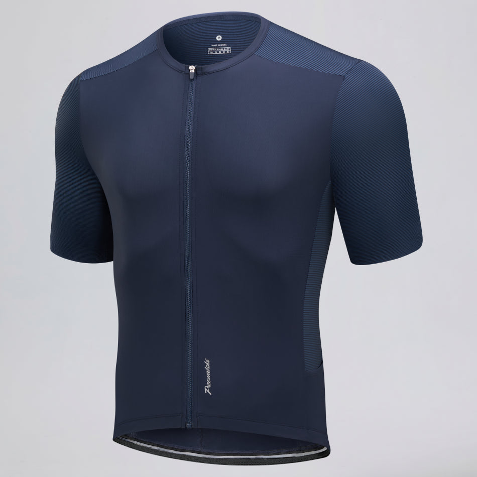 Przewalski men's blue cycling jersey angled front view with mesh sleeves and side panels