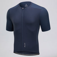 Przewalski men's blue cycling jersey angled front view with mesh sleeves and side panels