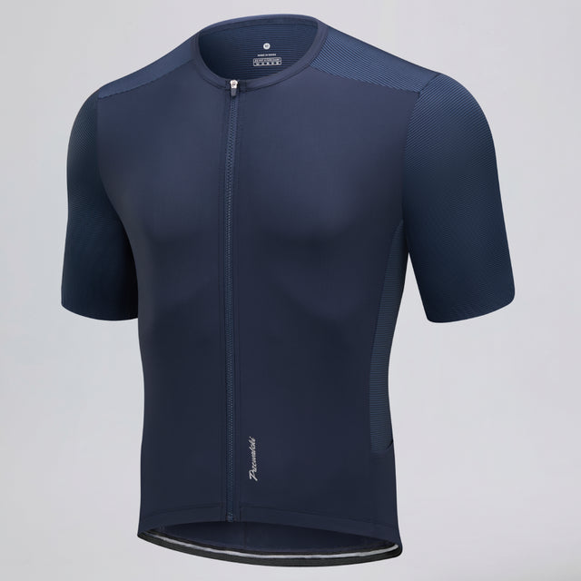 Przewalski men's blue cycling jersey angled front view with mesh sleeves and side panels