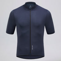 Przewalski men's navy short sleeve cycling jersey front view with blade collar and full zipper