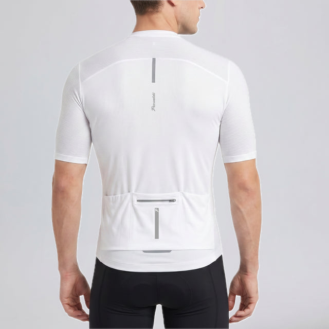 Przewalski men's white cycling jersey back view with rear pockets and zipper pocket