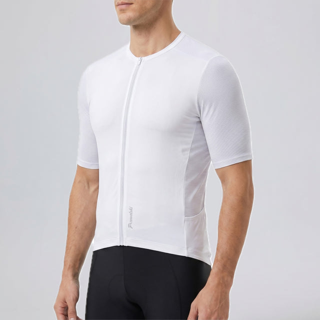 Przewalski men's white full zipper short sleeve cycling jersey model side view