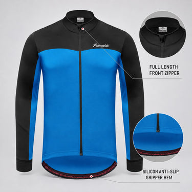 Front and back views of blue winter fleece cycling jacket with zipper, gripper hem, and rear pockets